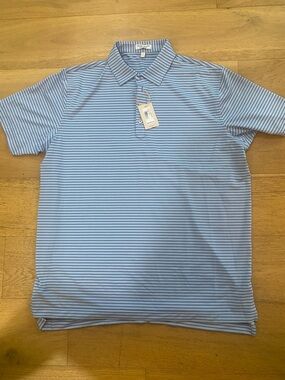 Peter Millar crown sport men’s  Light Blue & Gray Striped Golf Polo XL NWT